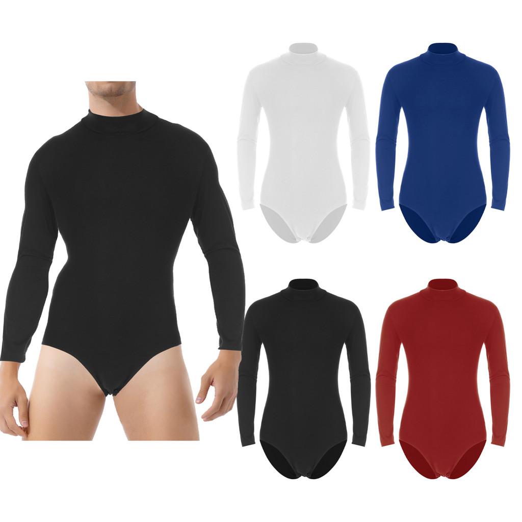 Miaeowve Mens Mock คอแขนยาวบอดี้สูท One Piece Undershirt Casual สีทึบกดปุ่ม Crotch Leotard