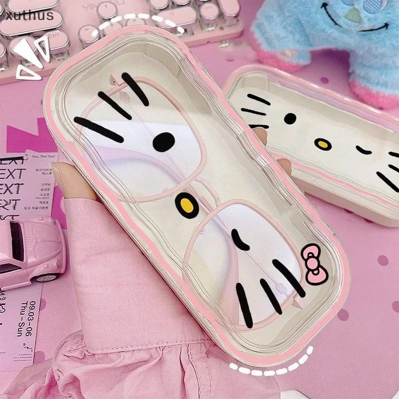 Xut Kawaii Hello Kitty โปร่งใสแว่นตาการ์ตูนโปร่งใสแว่นตาแว่นตากันแดดกล่องเก็บแบบพกพาสาวของขวัญ N