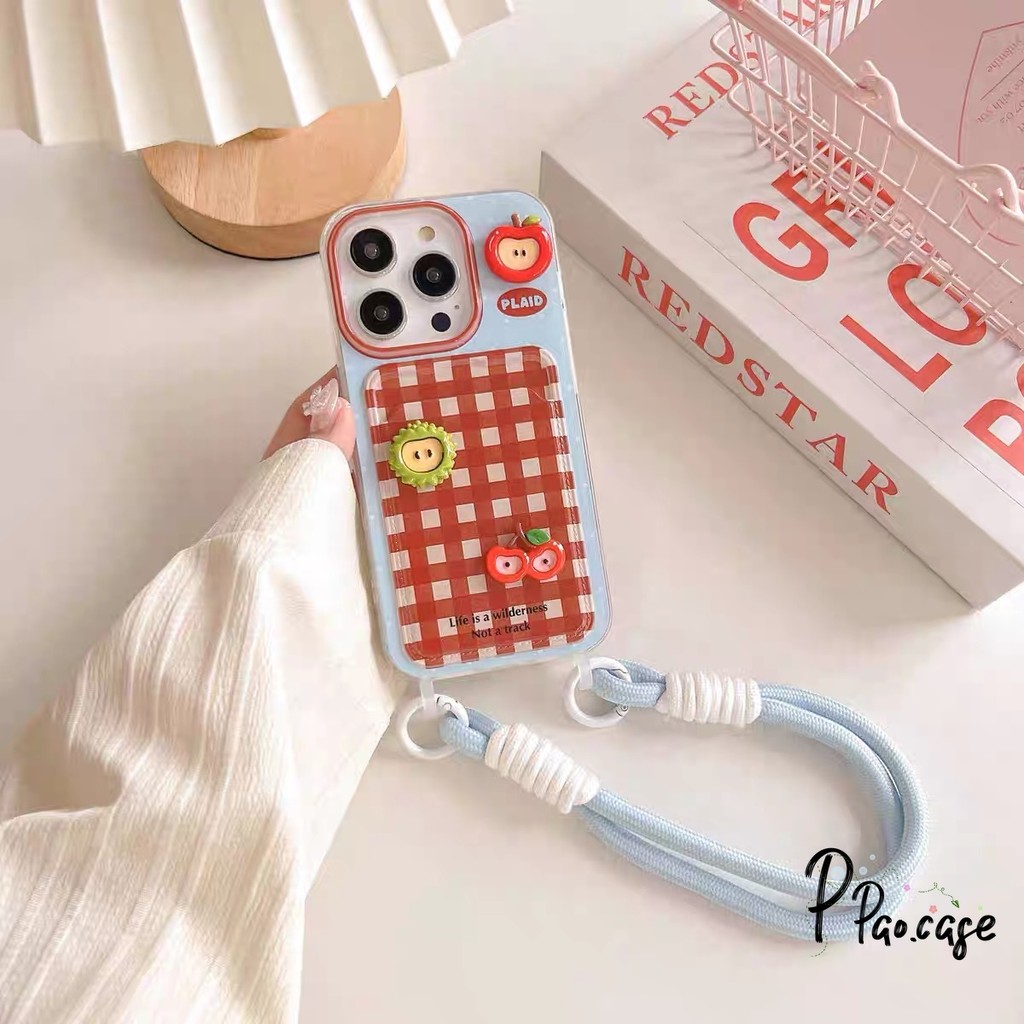 แฟชั่น ลายเส้นสีแดงและสีขาวเข้ากันได้เคสไอโฟน 16 11 XR 13 15 14 12 Pro Max 7 8 Plus X XS Max SEเชือกกระเป๋าสตางค์บัตรเคส