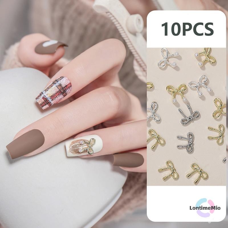 Lontimemio] 10PCS 3D Silver Gold Bowknot รูปเล็บ Ch โลหะเล็บ Rhinestones เล็บเครื่องมือสําหรับ DIY เล็บเครื่องมือ Salon ใหม่