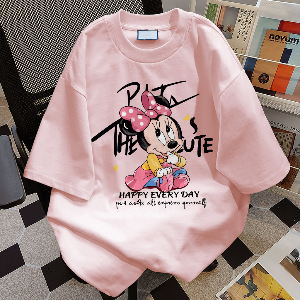 TIHIK เสื้อยืด ลายการ์ตูน oversize ผ้าฝ้าย100 เสื้อยืดพิมพ์ลายมิกกี้การ์ตูนน่ารักสีชมพู B001335