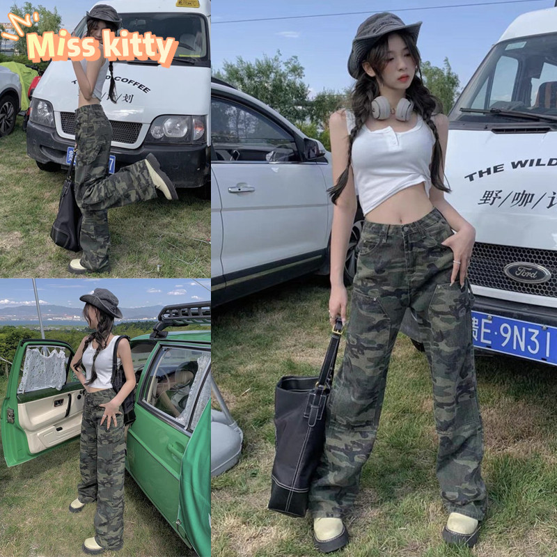 Miss Kitty🔥พร้อมส่ง🔥 กางเกงเอวสูง ทรงกระบอก น่ารักมากๆ ขายาว ลายพรางทหารสีเขียว "11037-NZ"