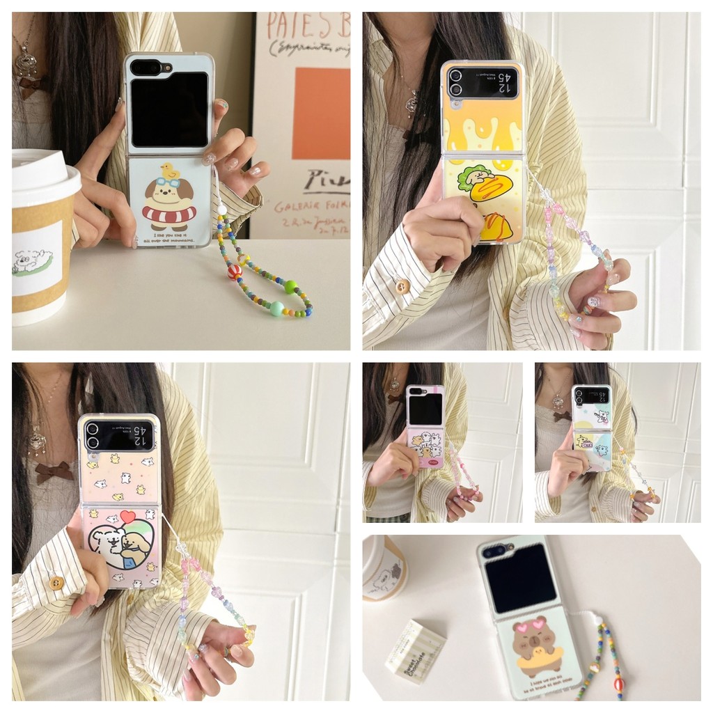 น่ารักการ์ตูน BumperLove Line Puppy Cese สําหรับ Samsung Galaxy Z Flip 7FE 6 5 4 3 พร้อมสร้อยคอหน้าจ