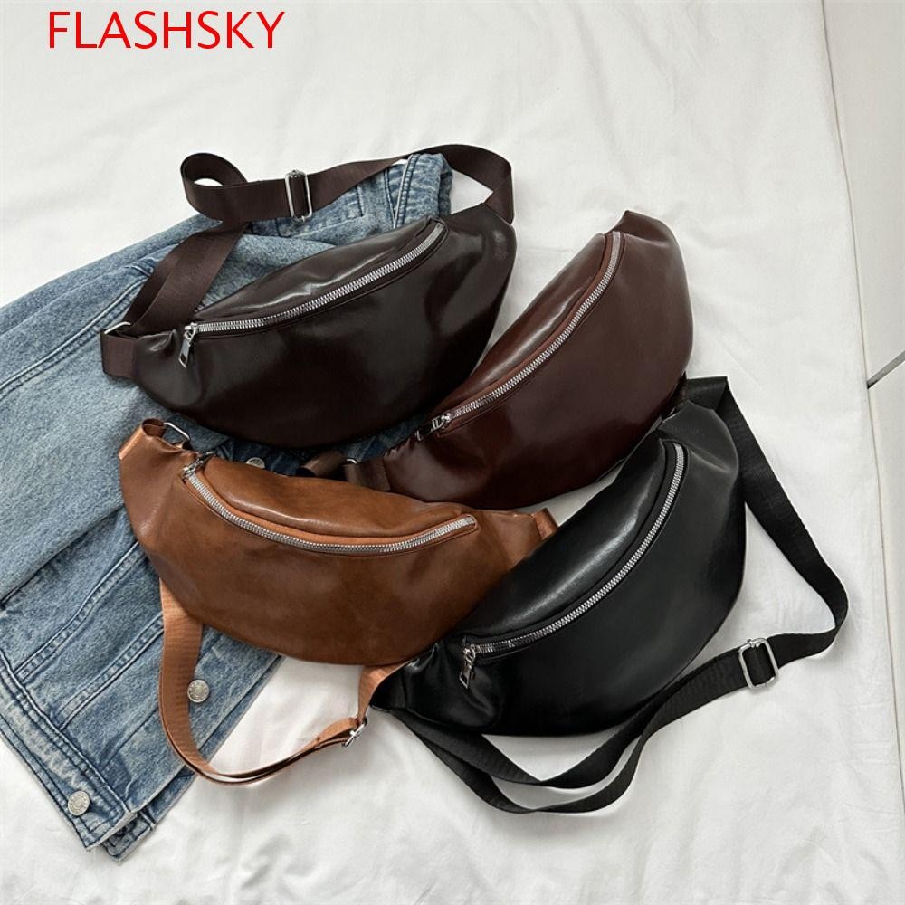 Flashsky กระเป๋าคาดหน้าอก PU สีทึบสไตล์เกาหลีกระเป๋ากล้วยแบบพกพาขนาดใหญ่ Capcity Fanny Pack Half Moon Bag กระเป๋าสะพายข้างเอวแพ็คกีฬา