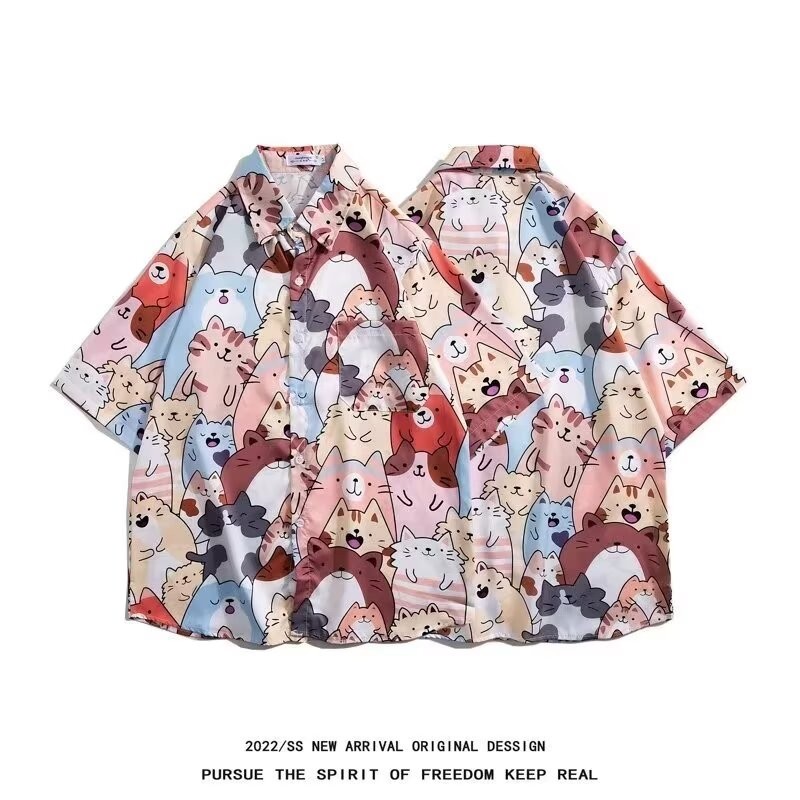การ์ตูนลูกแมวเสื้อผู้ชายฤดูร้อนแขนสั้นแจ็คเก็ตแนวโน้ม ฮาวายหลวม