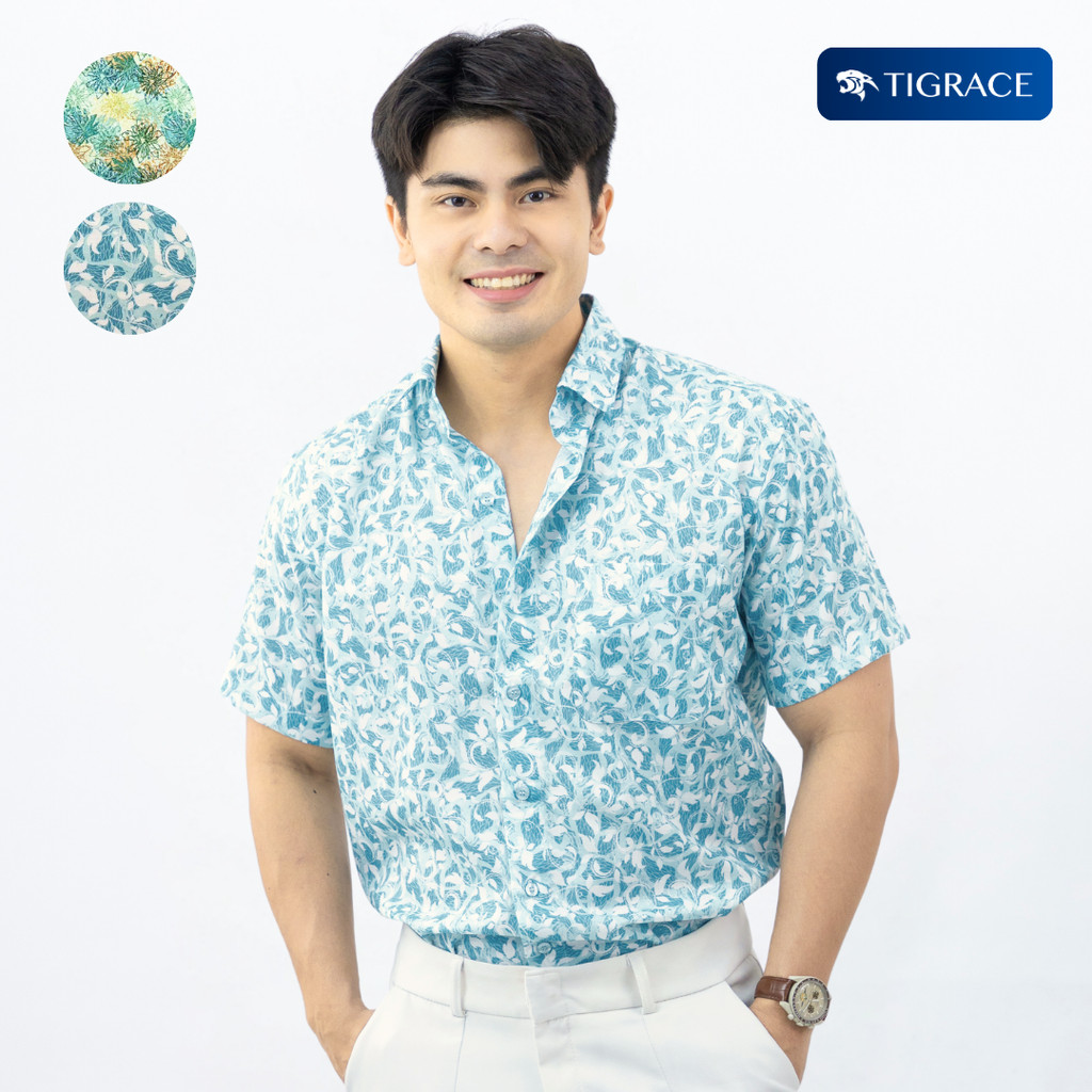 JaguarJump เสื้อเชิ้ตแขนสั้น ผู้ชาย มีกระเป๋า ผ้าพิมพ์ลายดอกไม้สามฤดู มี 2 สี SUMMER (ฟ้า/เขียว)