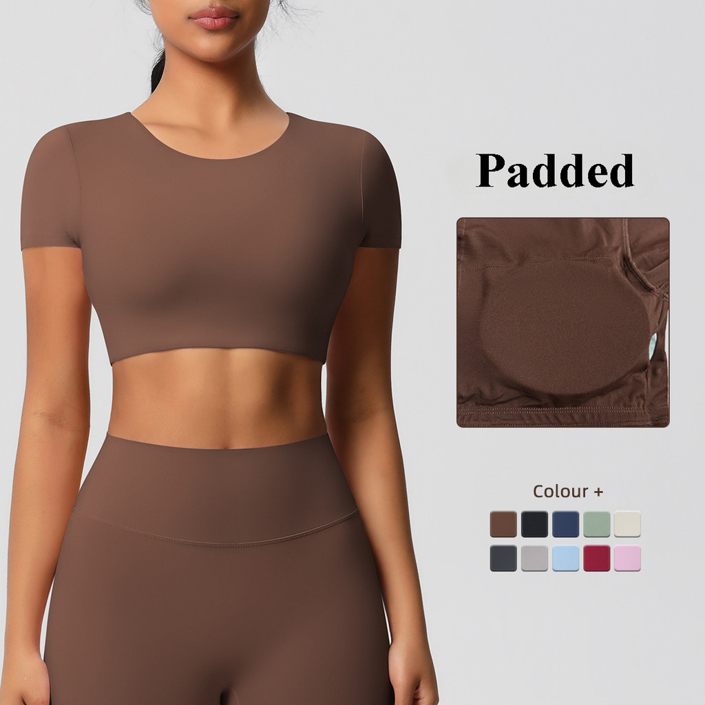 Yoga Sports T-shirt Padded Crop Top Short Sleeves Moisture-wicking — صورة 2