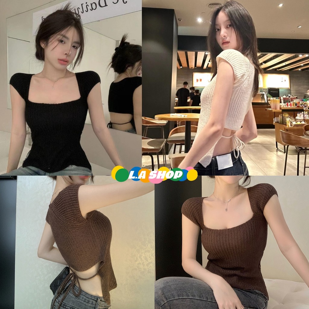 L.A Shop★สไตล์ใหม่★เสื้อไหมพรมคอเหลี่ยม แขนสั้นเว้าหลังผูกหลัง สีพื้น "12359-2" -C