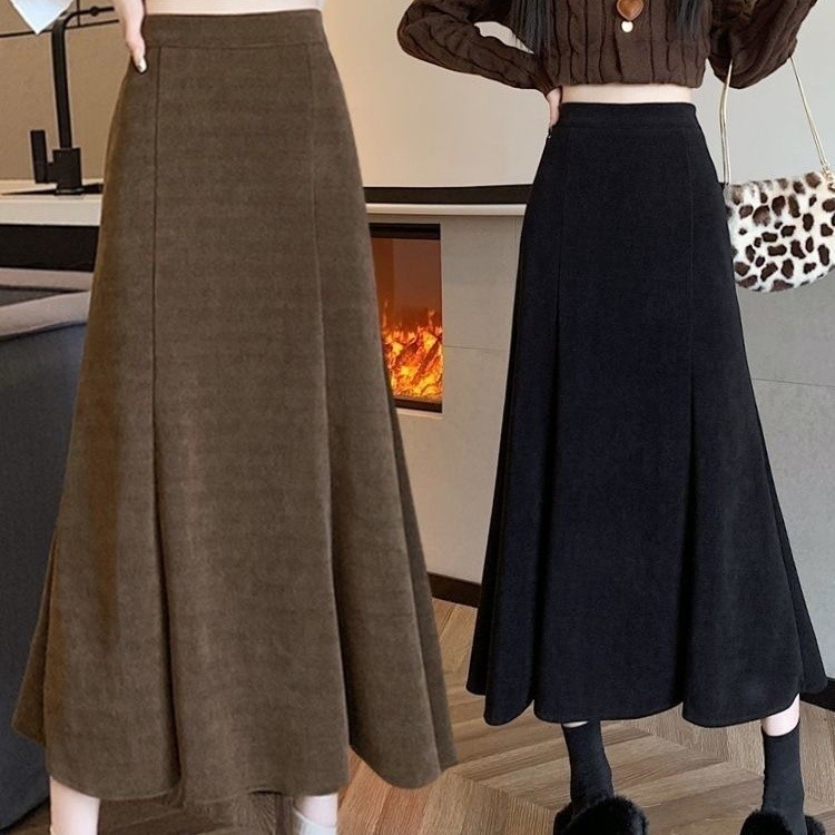 [Miyou] กระโปรงทําด้วยผ้าขนสัตว์ย้อนยุคกระโปรงหางปลาสีดําเอวสูงSlimmerดูกระโปรงยาวสะโพกแพ็คกระโปรงร่