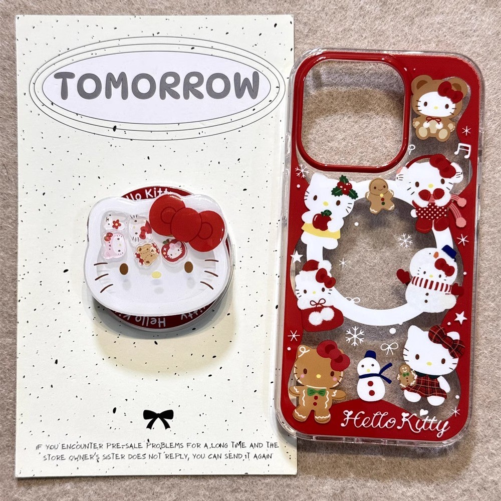 เคส IPhone Thicken IMD Hard Case IPhone 11 น่ารักการ์ตูนคริสต์มาส Hello Kitty แม่เหล็กที่วางโทรศัพท์สําหรับ IPhone 16 15 14 13 12 11 Pro Max 16 15 14 Plus
