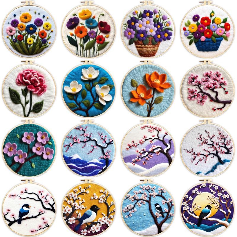 RUOPOTY 1 แพ็คดอกไม้รูปแบบนก Diy เข็ม Felting ชุดเย็บปักถักร้อย Hoop ขนสัตว์เข็ม Felt ภาพวาดขนสัตว์หัตถกรรมชุดสําหรับผู้เริ่มต้น