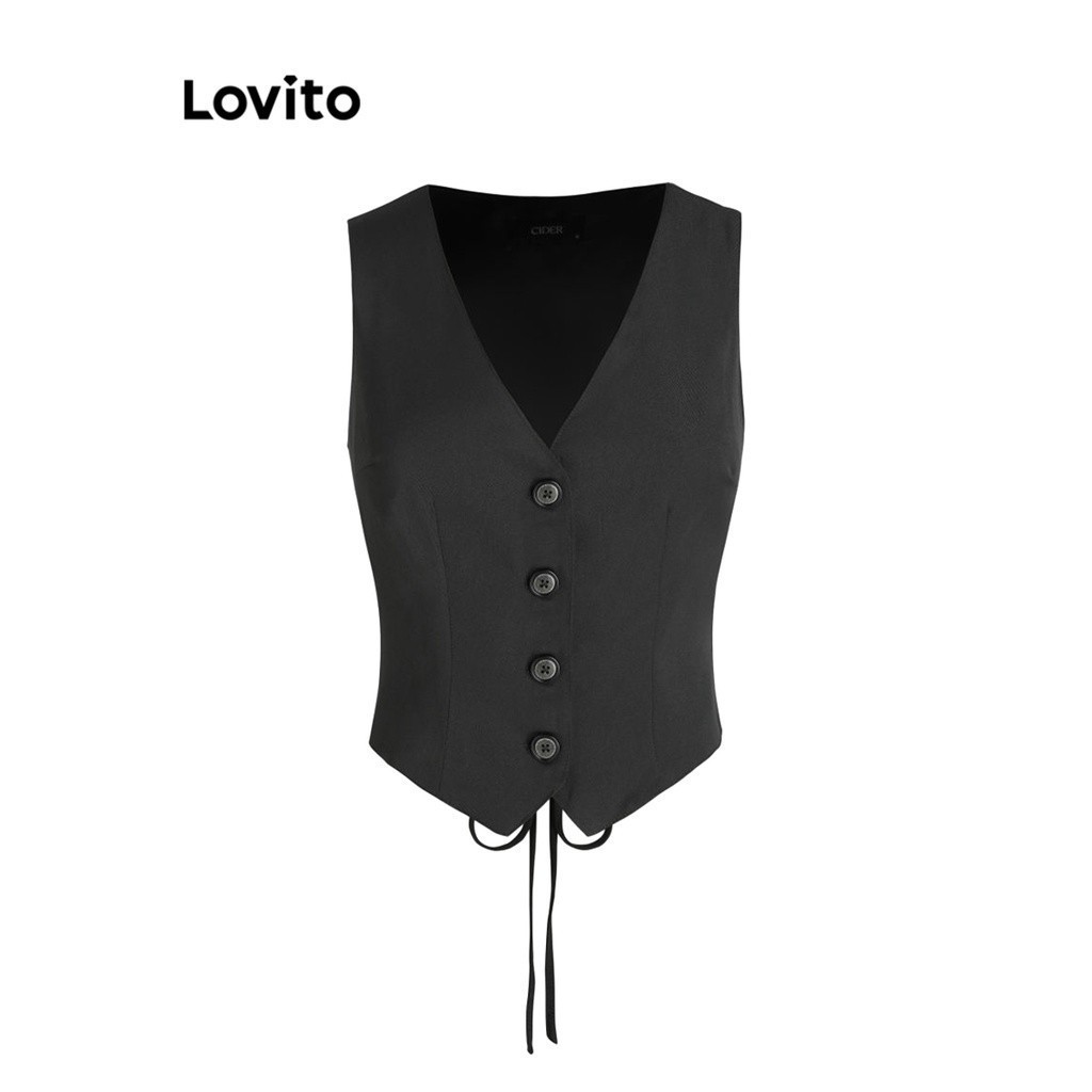 Lovito เสื้อแขนกุดผู้หญิง แบบผูกเชือก สีพื้น สไตล์ลำลอง L67AD041 (สีดำ)