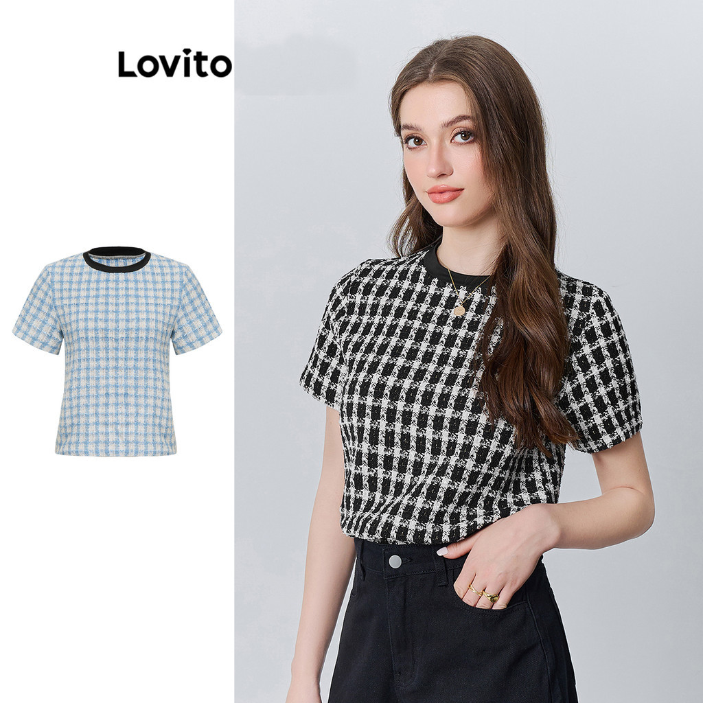 Lovito เสื้อยืดผู้หญิง สก๊อต ลายเรขาคณิต สไตล์หรูหรา L87ED055(หลากสี)