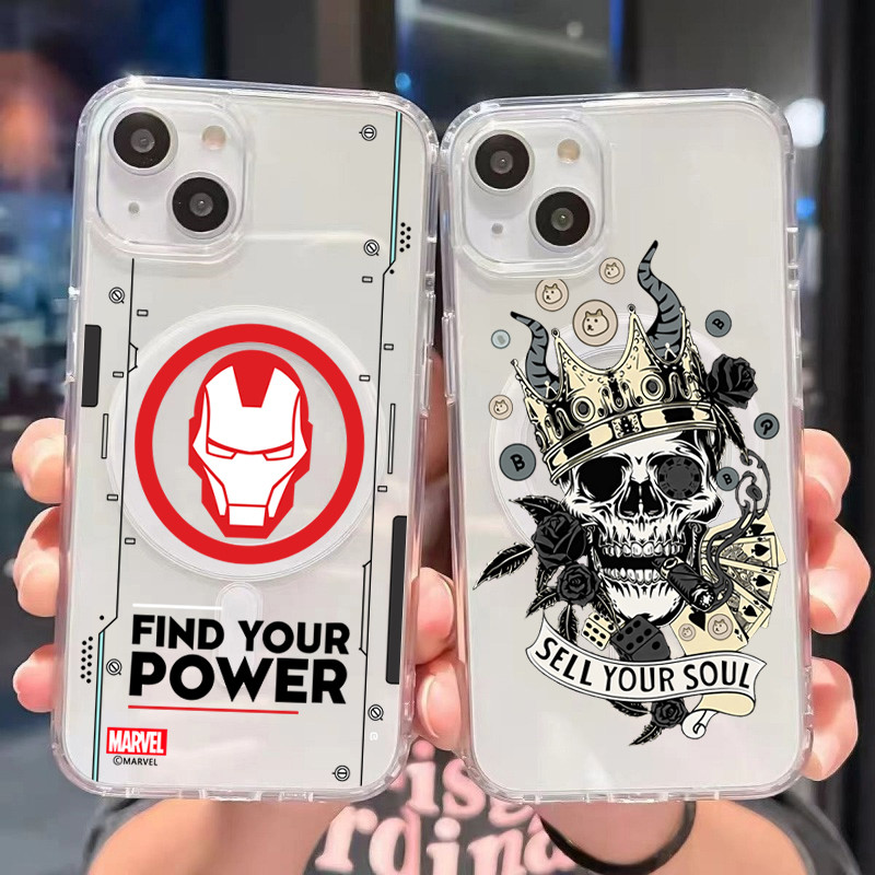 แม่เหล็ก เคสใสกันกระแทก เคสสําหรับไอโฟน11 เคสชาร์ได้ สำหรับ IPhone 13 15 8 7Plus 14 12 11 16 Pro MAX ชุดหัวกะโหลกศีรษะ