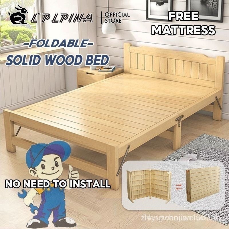 (ในสต็อก) ฟรี mattress Solid wooden foldable Bed Single Bed Frame 1.2M household Simple Double Solid