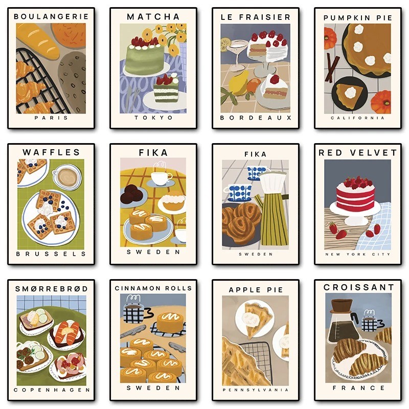 อาหารขนมโปสเตอร์เค้กกาแฟแพนเค้กเครปพายมัทฉะผ้าใบจิตรกรรมพิมพ์ภาพผนังศิลปะร้านอาหารห้องครัวตกแต่ง