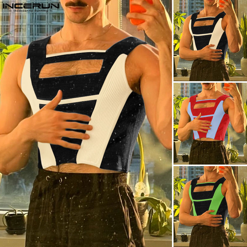 ไม่แน่นอน ผู้ชายวินเทจแฟชั่นกลวงเย็บปะติดปะต่อกันเสื้อกล้ามแขนกุด