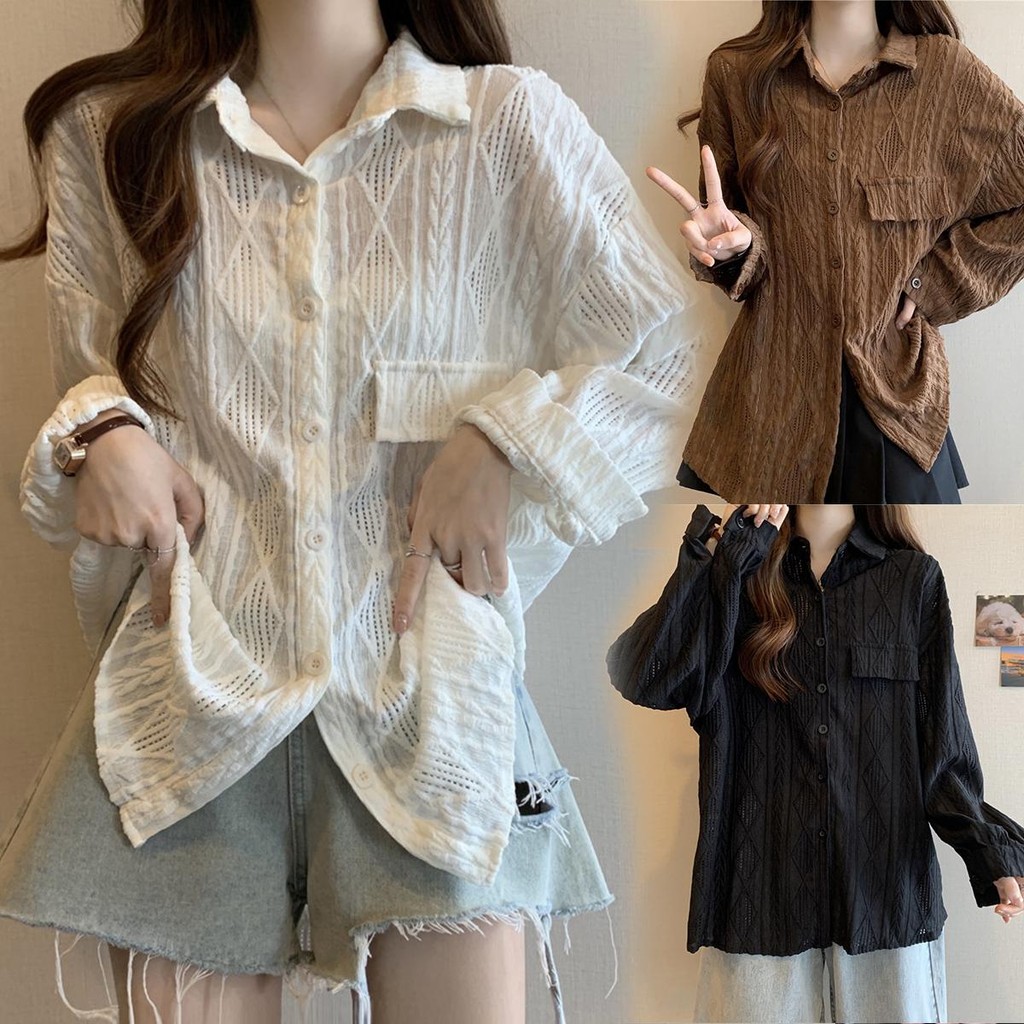 mimi&didi#เสื้อเชิ้ตแขนยาวสาวอวบสวยค่ะผ้าแจ็คการ์ดทรงหลวมกันแดดทรงกลวง เสื้อยาวปานกลางขาวเก๋ๆ สำหรับผู้หญิง#W545