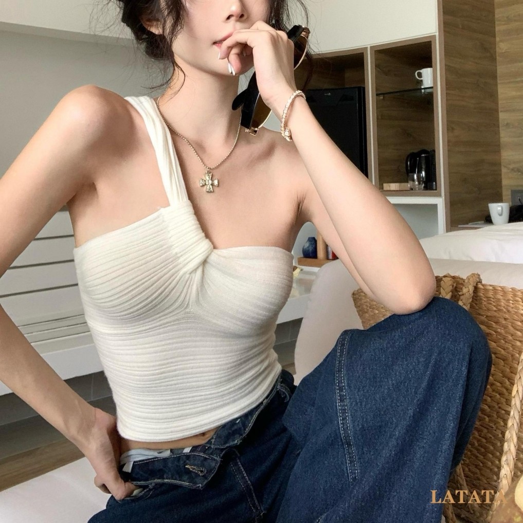 Latata -เสื้อกล้ามถักไม่สมมาตรสําหรับผู้หญิงสีทึบ Ribbed Twist Knot เสื้อแขนกุดทรงสลิมฟิต