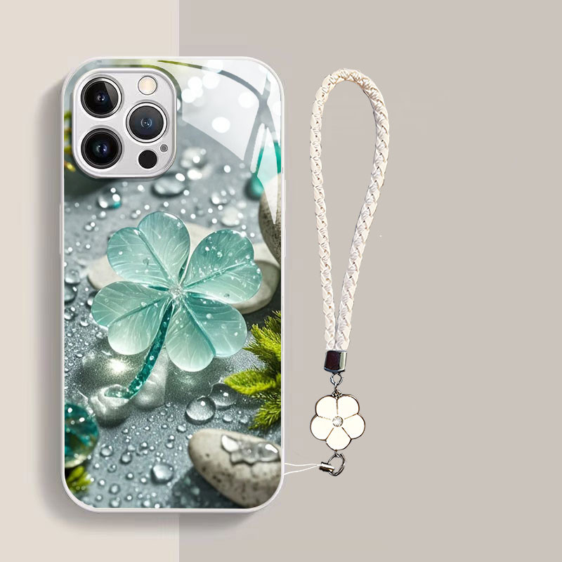 เคสเหมาะสําหรับ iPhone 6/7/8/X/XR/XsMax/11/12/14plus/15/16 Pro Max,Crystal green clover Liquid Glass เคสป้องกันโทรศัพท์, เชือกคล้องโทรศัพท์, กันกระแทก,