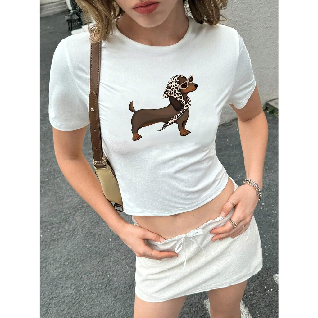 Hustlin เสื้อ baby tee ลายหมาแฟชั่นใส่แว่น สไตล์น่ารักสายฝอ ผ้าคอตตอน 100% เสื้อครอปสุดชิค