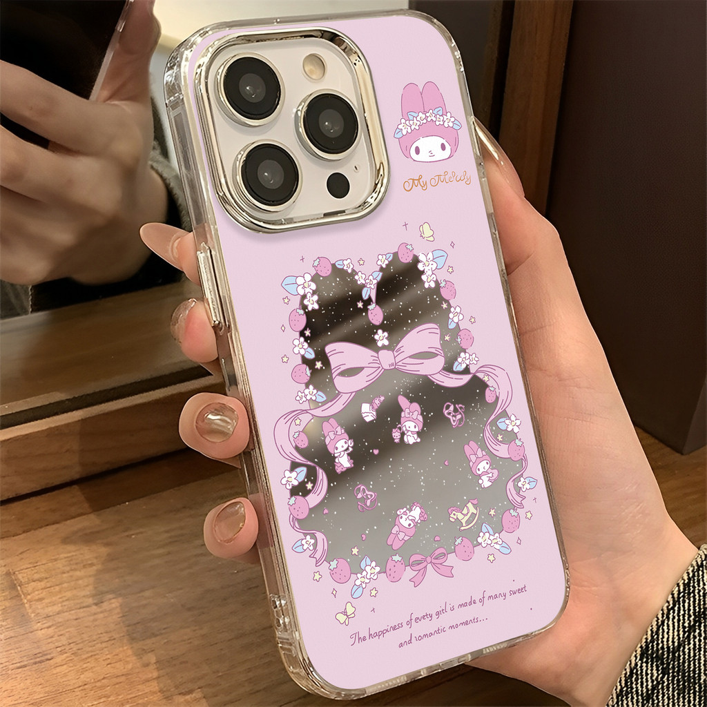 เคสโทรศัพท์ลายกระต่ายสตรอเบอร์รี่ For iphone 11 12 13 14 15 16 Pro MAX 14 15 Plus XR XSMAX 7Plus เคสป้องกันกระจกแต่งหน้า