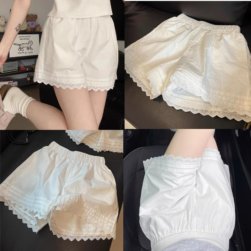 【WJZ】ผู้หญิง ผู้หญิงลูกไม้สีขาวลูกไม้หลวมเย็บกางเกงขาสั้นขากว้างสบายๆ【P12】