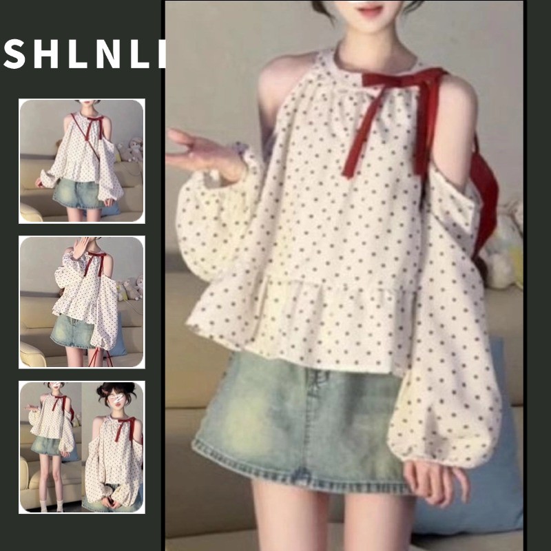 เสื้อลายจุดขนาดบวกของผู้หญิงเสื้อปิดไหล่น่าระทึกใจด้วยรายละเอียดโบว์