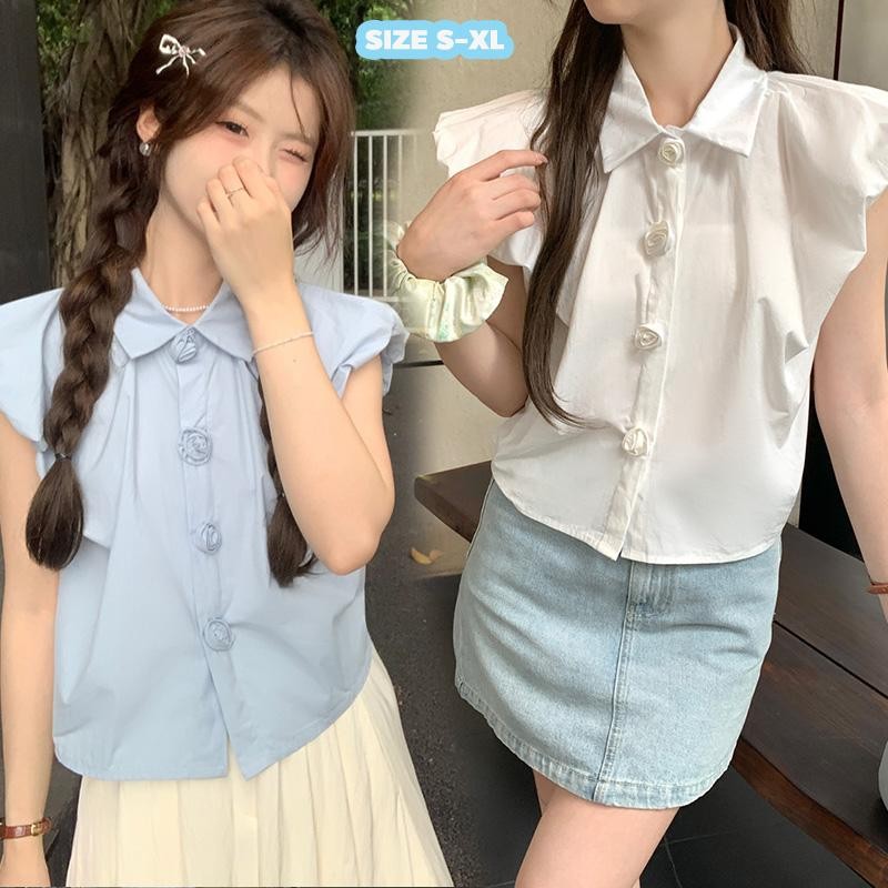 Mimi&Didi เสื้อครอปแขนพองสีขาวหวานและน่ารัก เสื้อเชิ้ตคอปกโปโลสไตล์เกาหลี ลายดอกไม้ 3 มิติ สำหรับผู้หญิง#W590