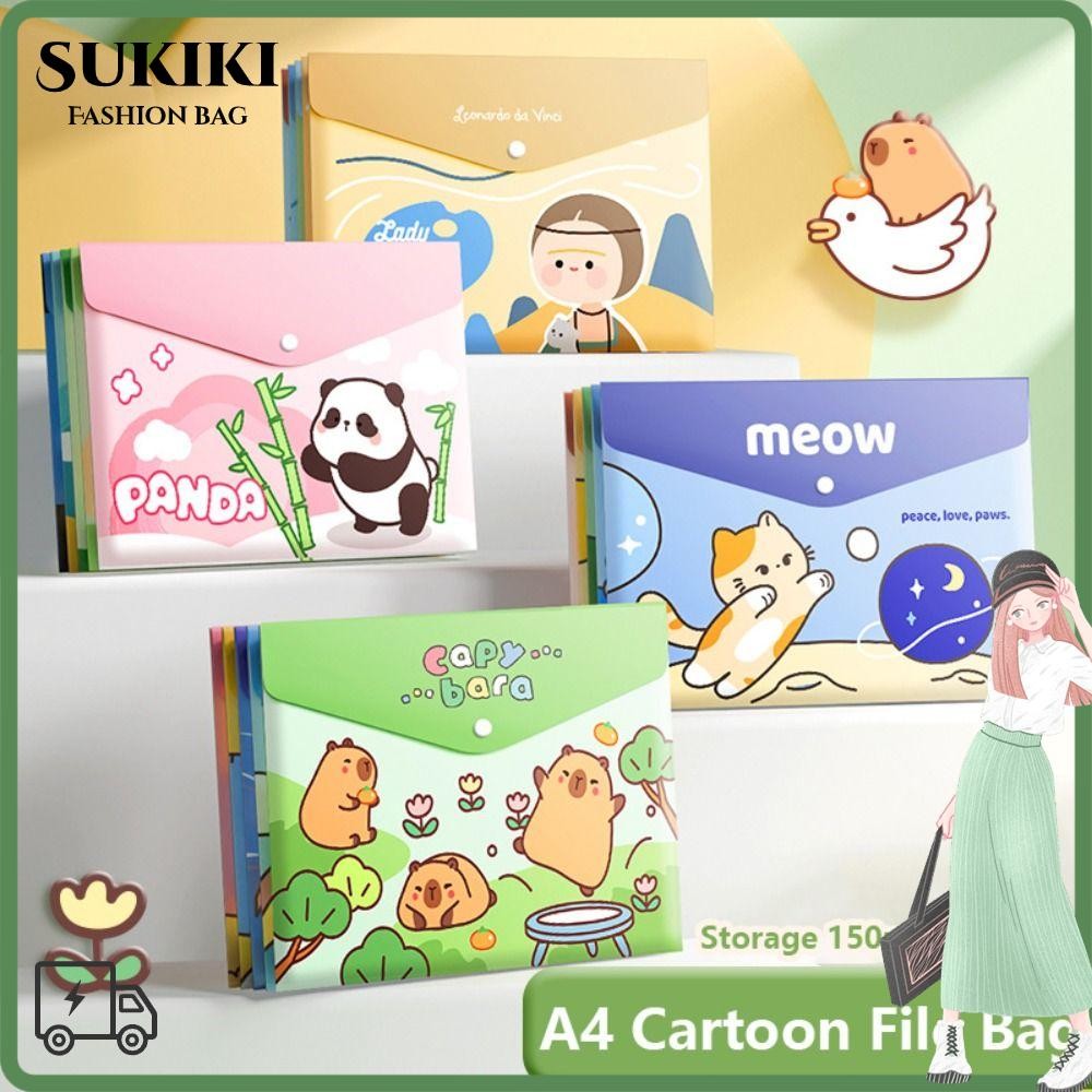 SUKIKI 5 ชิ้น/เซ็ตโฟลเดอร์แฟ้ม A4, กันน้ําทดสอบกระดาษเก็บแฟ้มกระเป๋า, การ์ตูน PP Snap-fastener ความจุขนาดใหญ่แฟ้ม Organizer ของขวัญ