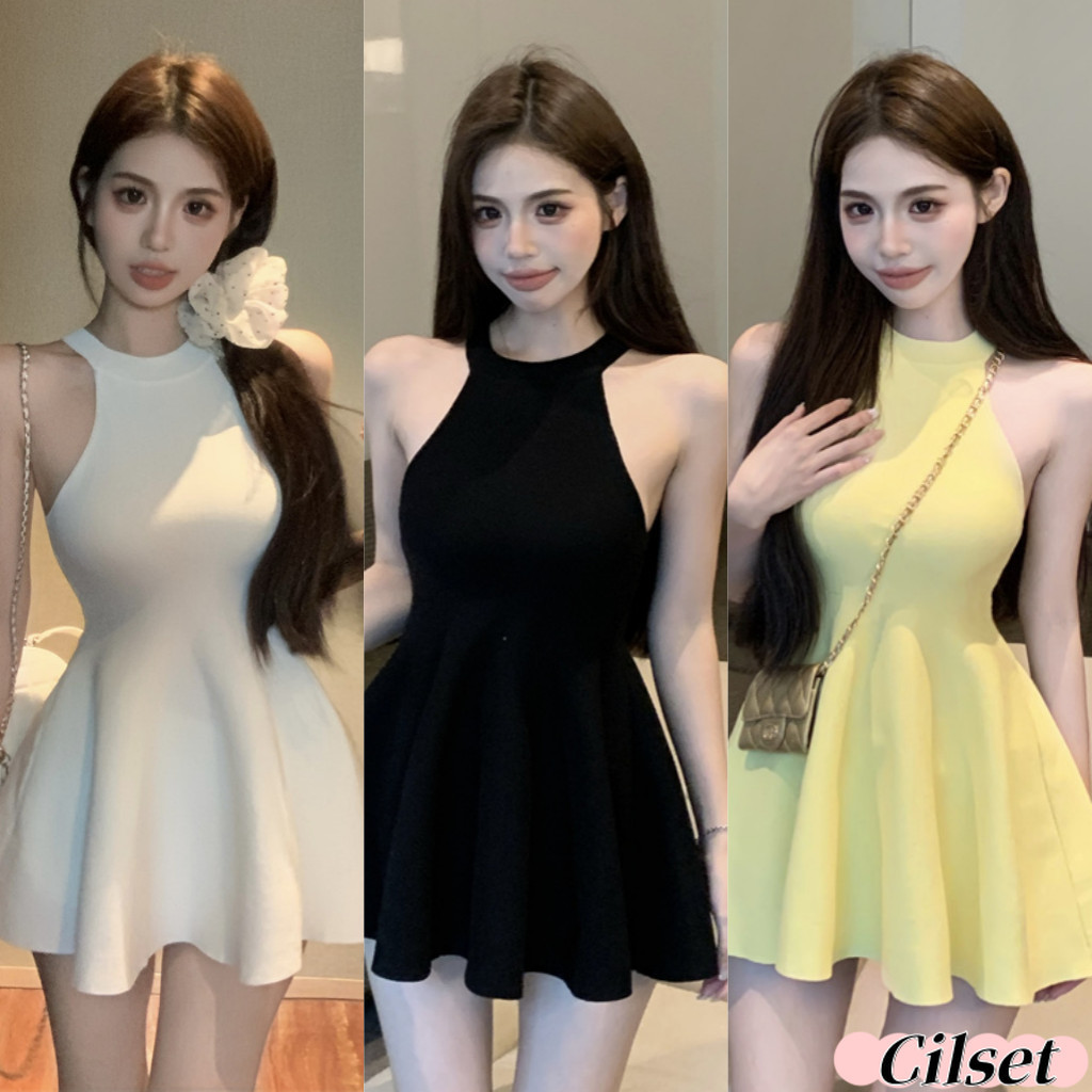 Cilset พร้อมส่ง ชุดมินิเดรสไหมพรม ทรงรัดตัว คอกลม สีพื้นเรียบๆ แขนกุด สีพื้น สไตล์เกาหลี /W37