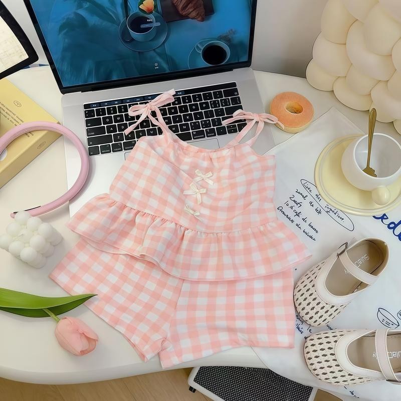 MooDeng Baby ลายสก๊อตสีหวาน ชุดเด็กหญิง  ผ้าฝ้าย สายเดี่ยว คอกลม  สำหรับเด็ก 9 เดือน 5 ปี ดีไซน์น่ารัก แฟชั่นเกาหลี รูปที่ 2