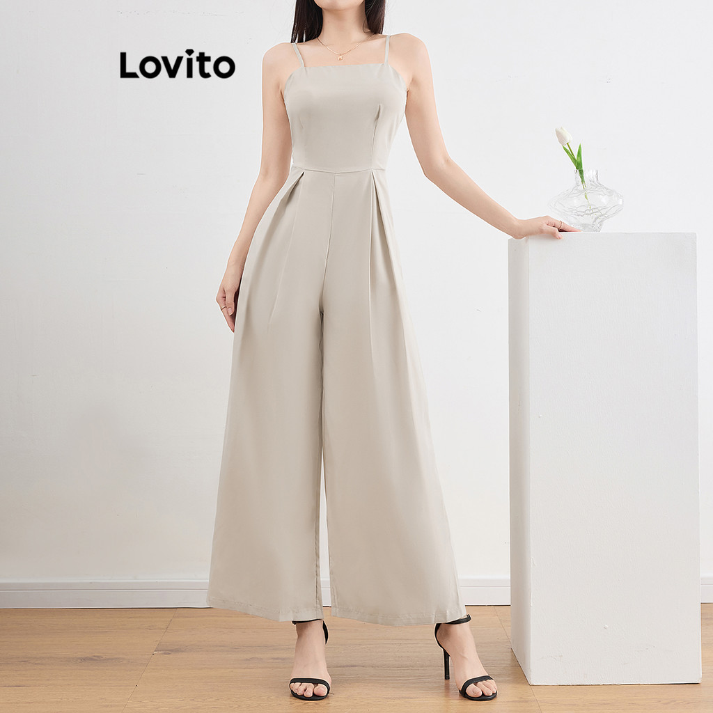 Lovito จั้มสูทผู้หญิง เปิดไหล่ เย็บตีเกล็ดหน้า สีพื้น สไตล์ลำลอง LNE61345