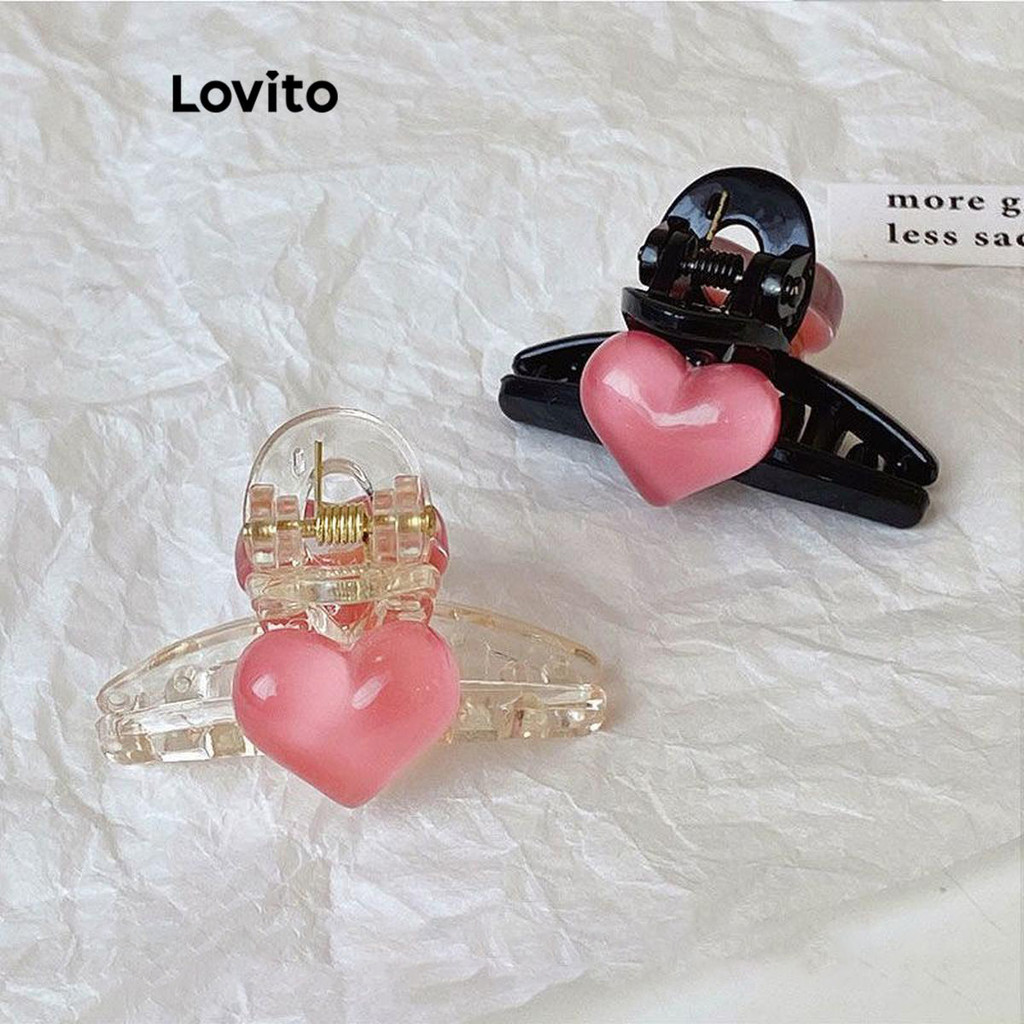 Lovito คลิปหนีบผมผู้หญิง ลายหัวใจ สีเรียบ แนวหวาน สไตล์ลำลอง LFA20034