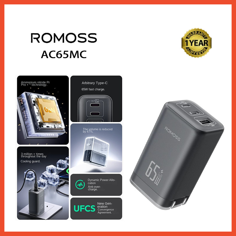 Romoss AC65MC 65W GaN เครื่องชาร์จชาร์จเร็ว 3 อินเทอร์เฟซ PD