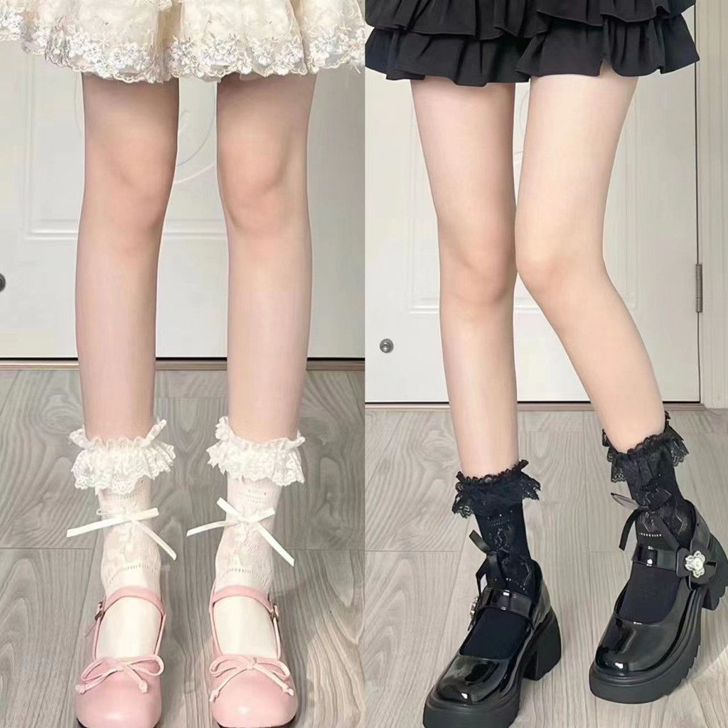 พร้อมส่งจากไทย ถุงเท้าลูกไม้โลลิต้าญี่ปุ่น สีทึบ ถุงเท้าโบว์ สไตล์ y2k สวมใส่สบาย