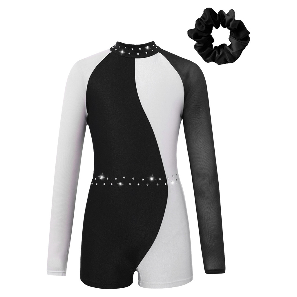 Manakai เด็กสาวเต้นรําชุดแขนยาว Mock คอ Contrast สีซิปกลับ Jumpsuit ผม Tie Headwear สําหรับยิมนาสติกสเก็ตประสิทธิภาพ - รูปที่ 2