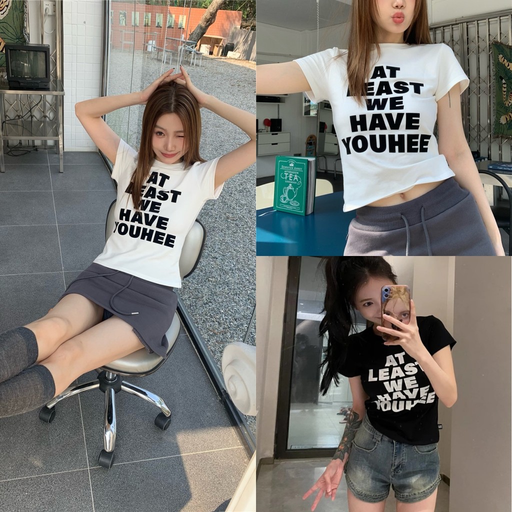 Luna Shop เสื้อยืดแขนสั้นผู้หญิงพิมพ์ลายตัวอักษรสีขาวสไตล์สาวร้อนอเมริกันย้อนยุค