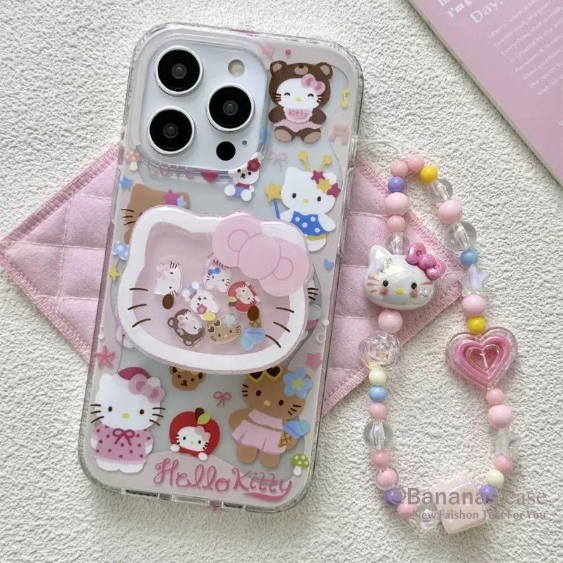 Iphone 16 15 14 13 12 11 Pro Max X Xr Xs Max 7 8 Plus SE2020 เคสโทรศัพท์วันหยุดฤดูร้อน KT Cat + Shake Happy Stand + Lanyard Clear Soft Cover