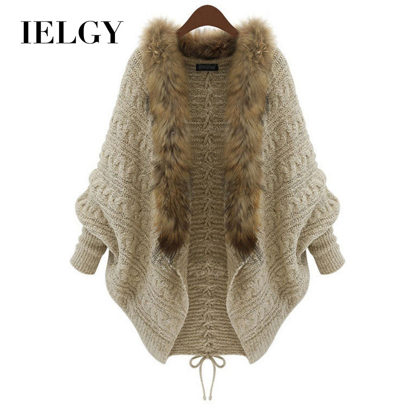 IELGY เสื้อกันหนาวปีกค้างคาวหลวมถักเสื้อกันหนาวผู้หญิงลูกไม้ขึ้นเสื้อขนสัตว์คอปก