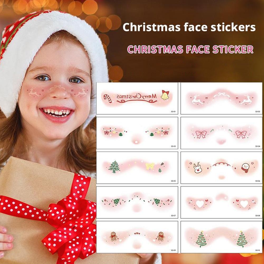 10pcs ตกแต่งคริสต์มาส Face Pasters สติ๊กเกอร์รอยสักสีคริสต์มาส Cos ใบหน้าแต่งหน้าสติกเกอร์กันน้ําการ์ตูนเด็กน่ารัก