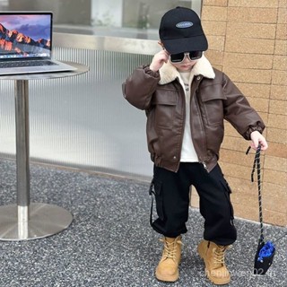 เสื้อผ้าเด็กแจ็คเก็ตหนังบวกกำมะหยี่เสื้อแจ็คเก็ตหนังหนาสไตล์…