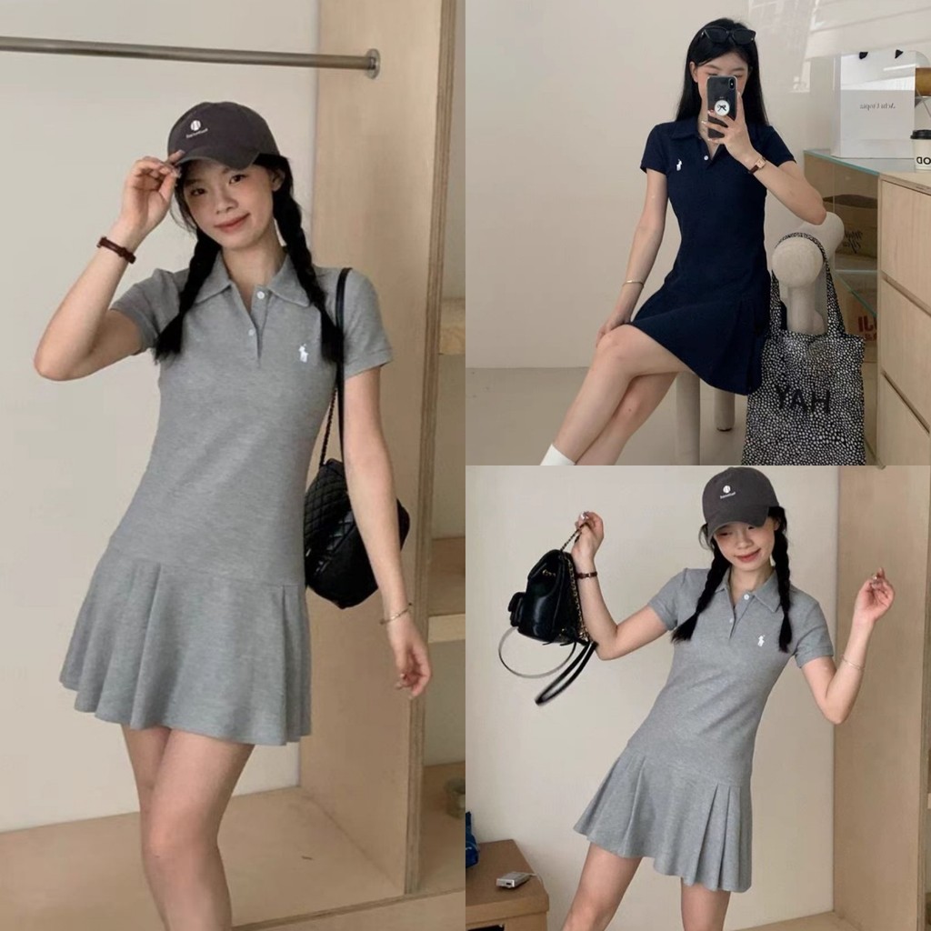 Beryl ชุดเดรสเสื้อยืดแขนสั้นคอปกโปโลปักสำหรับผู้หญิงกระโปรงกีฬาลำลองฤดูร้อน
