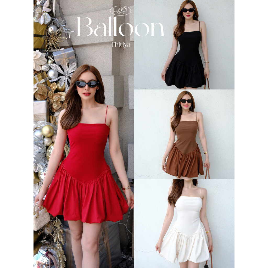 Balloon Dress - เดรสสั้นทรงบอลลูนน่ารักมากก ตัวเดรสเป็นงานผ้าร่องยืดอย่างดี สายเดี่ยวสปาเกตตี้(เก็บสายเป็นเกาะอกได้นะ...