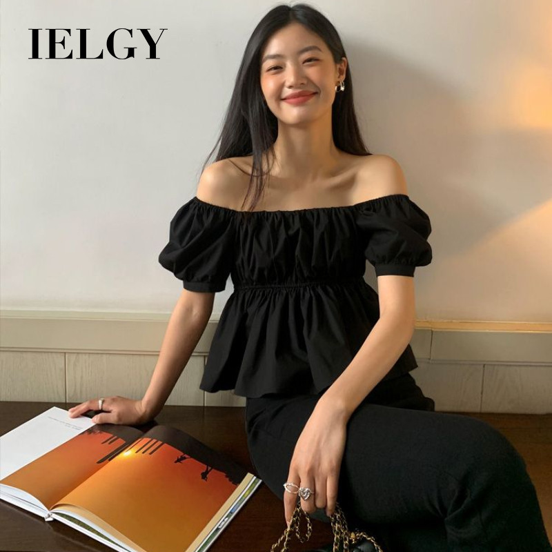 IELGY เสื้อเชิ้ตตัวสั้นแขนพองเปิดไหล่สําหรับผู้หญิง