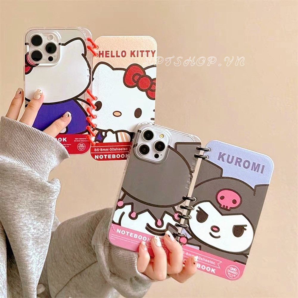 Kiity Kuromi Sanrio Family Flip Bracket Notepad หนังเคสโทรศัพท์สําหรับ iPhone 16 Pro Max 16 Plus 15 Pro Max 14 13 12 11 กันกระแทกป้องกันปลอก