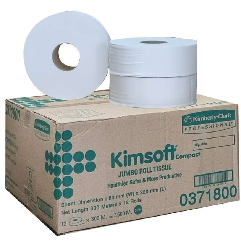 KIMSOFT กระดาษชำระม้วนใหญ่ หนา 2 ชั้น 300 ม./ม้วน (12 ม้วน)