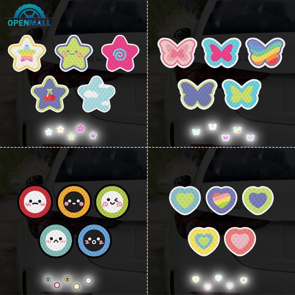 OML 5 ชิ้น/เซ็ตที่มีสีสันหมวกกันน็อครถจักรยานยนต์กันน้ํา Decal Hearts ผีเสื้อดาว Night Warning Sign สติกเกอร์สะท้อนแสงอุปกรณ์เสริมภายนอก