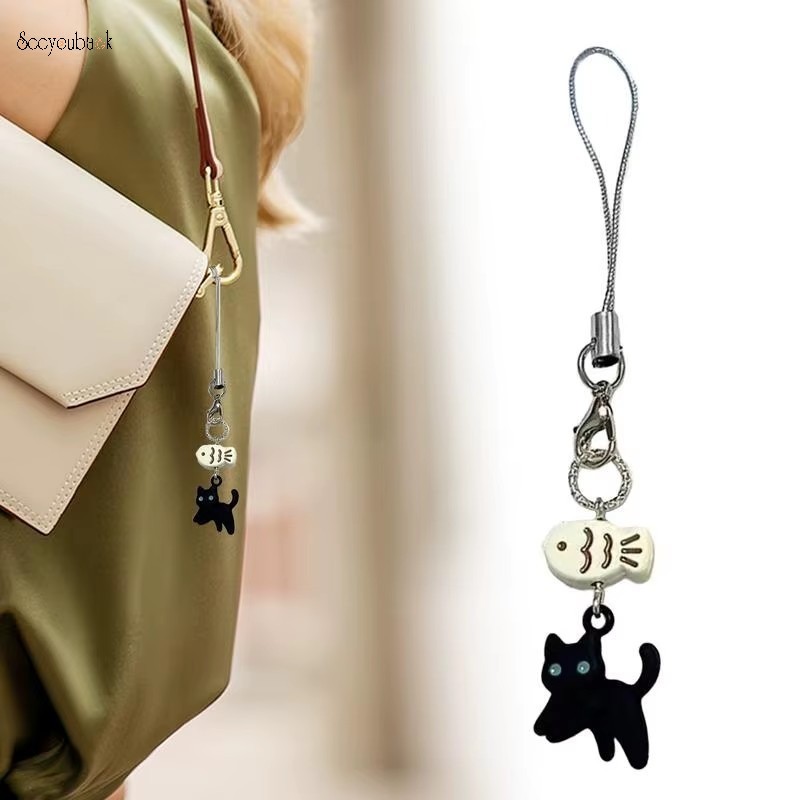 Y2k Kawaii น่ารักแมวดําปลาพวงกุญแจโทรศัพท์ Charms หูฟังกล้องจี้กระเป๋านักเรียนแขวนเครื่องประดับของขวัญ