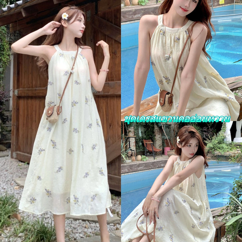 🚚พร้อมส่งจากไทย👗ลมหวานแขวนคอเชือกแขวนคอชุดยาวพิมพ์ พลัสขนาดเสื้อผ้าผู้หญิง เดรสยาวสำหรับวันหยุด